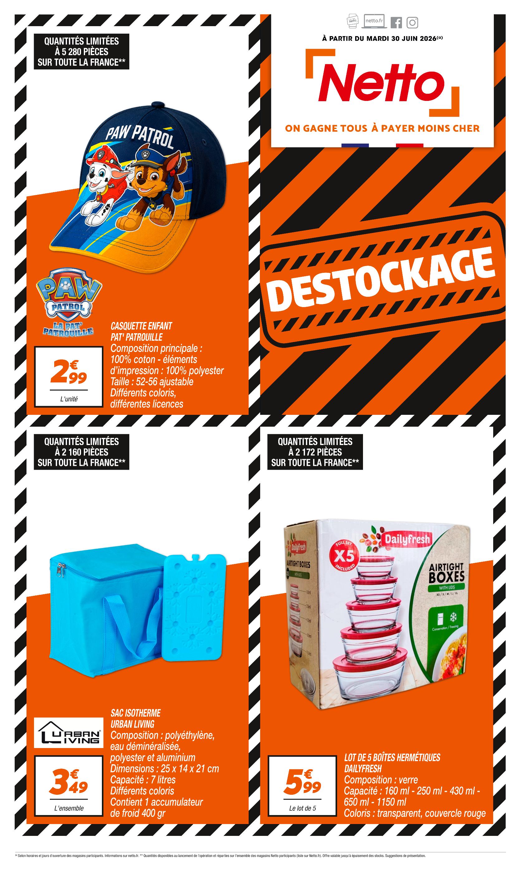 Catalogue Discount Alimentaire Netto en cours à Sainte-Foy-lès-Lyon et alentours, "DESTOCKAGE", 1 page, 30/06/2026 - 31/07/2026